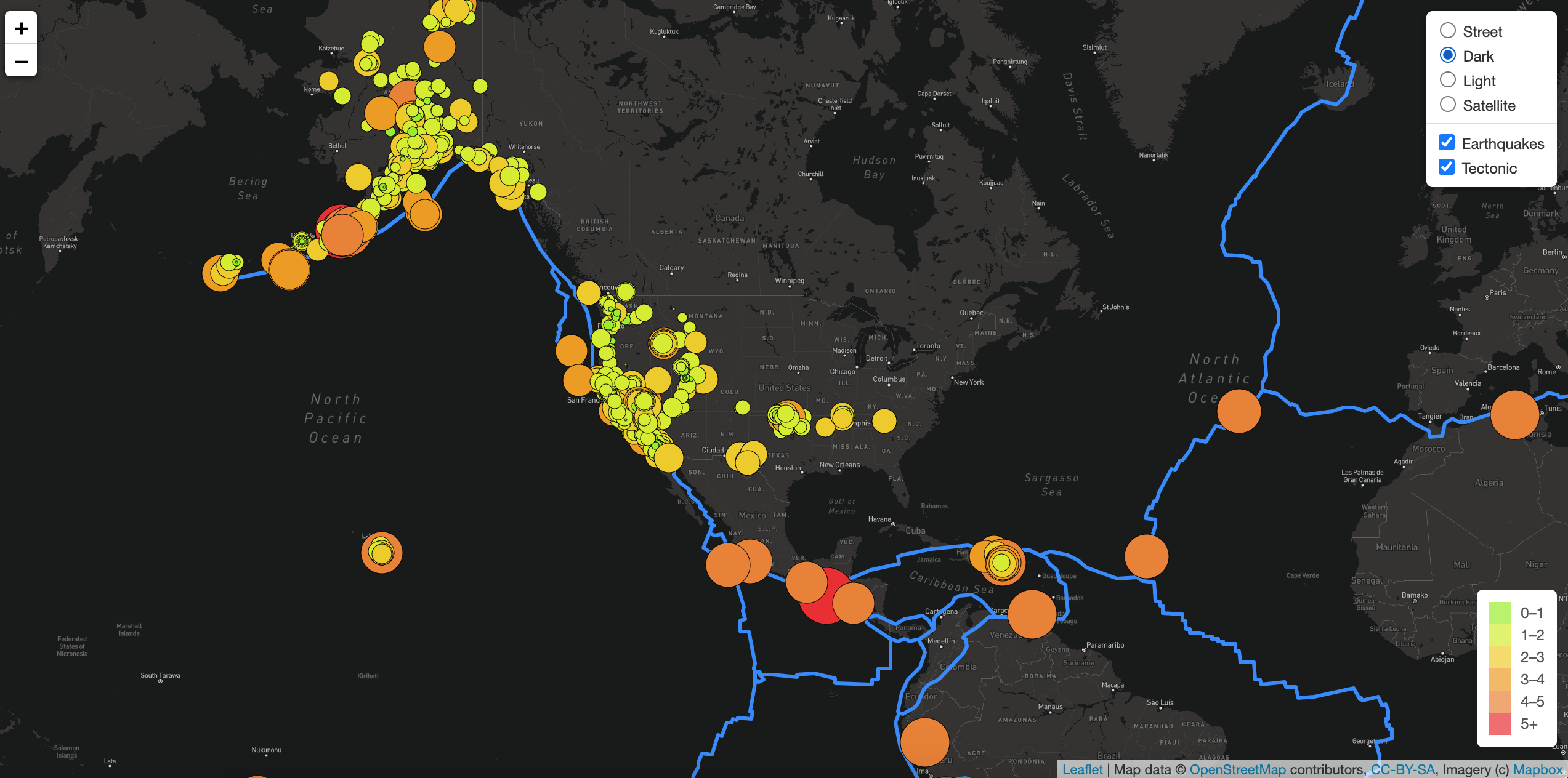 Dark View with both Earthquakes and Tectonic Plates visible